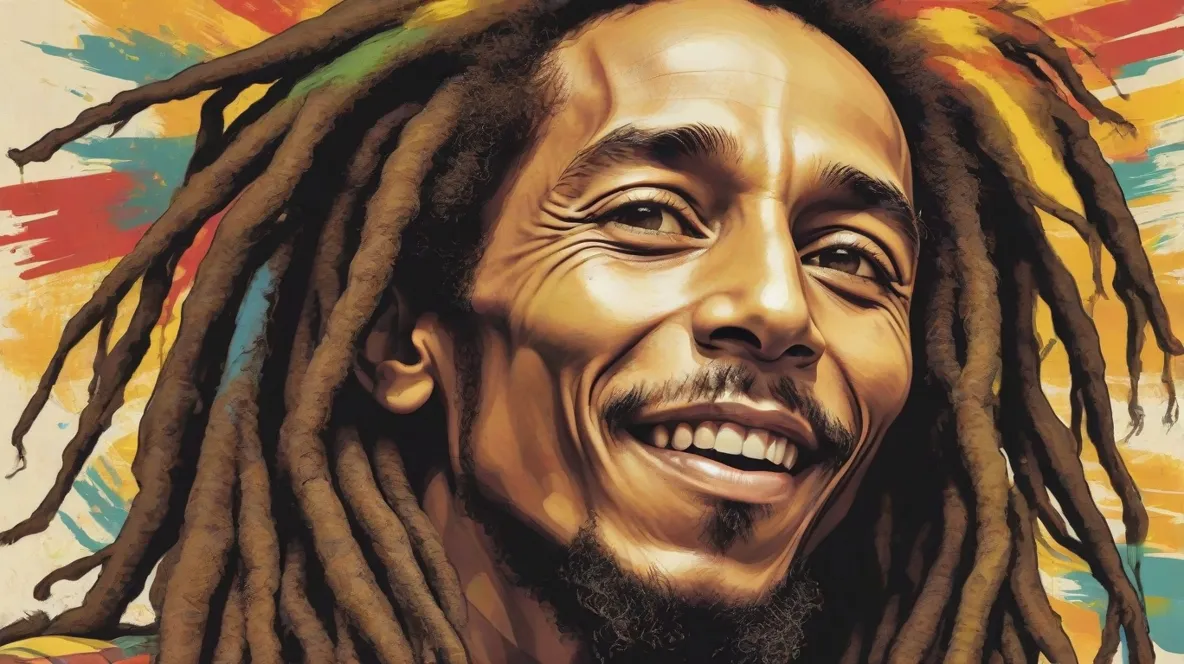 Ilustracja przedstawiająca Boba Marleya, legendarnego muzyka reggae, na pierwszym planie. Jest ukazany z charakterystycznymi dredami i spokojnym, pokojowym wyrazem twarzy, ucieleśniając ducha wolności i harmonii.