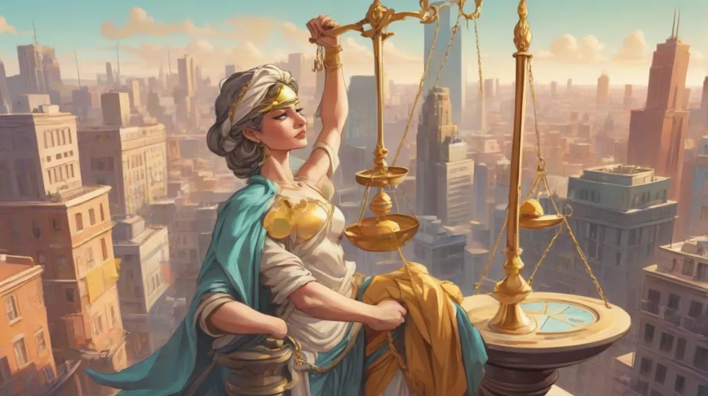 Ilustracja Lady Justice, niewidomej kobiety trzymającej wagę i miecz, symbolizującej sprawiedliwość i moralną integralność. Współczesne tło przedstawia europejską panoramę miasta, podkreślając aktualność.