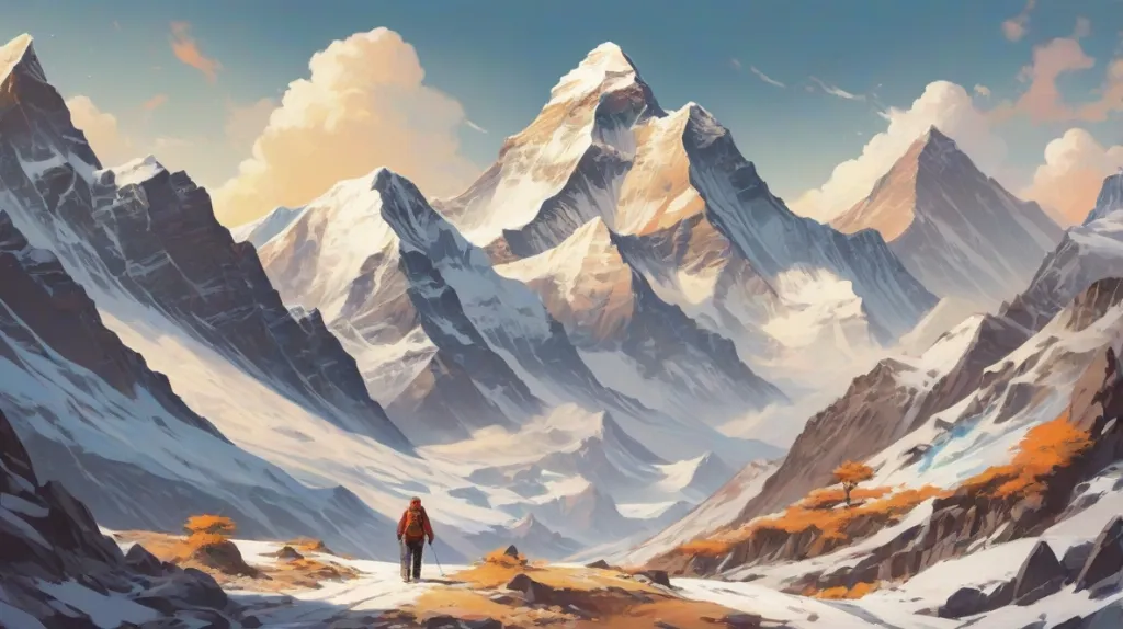 Ilustracja Mount Everest, najwyższego szczytu na świecie, majestatycznie wznoszącego się z pokrytym śniegiem wierzchołkiem. Góra ukazana jest we współczesnym kontekście, podkreślając jej wspaniałość i wyzwania, jakie stawia przed wspinaczami.