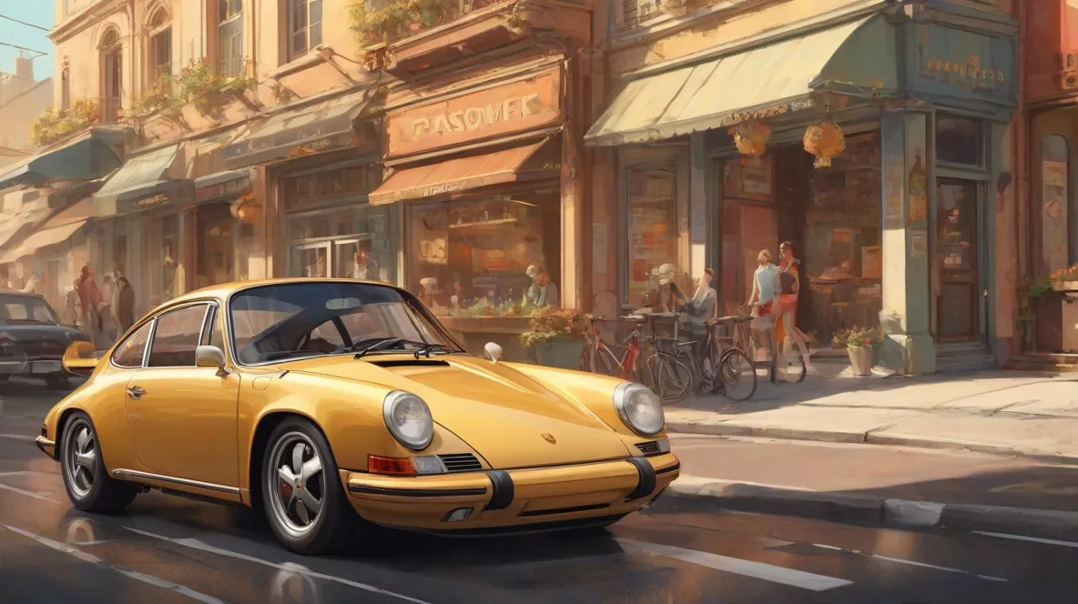 Ilustracja samochodu Porsche, wyraźnie widocznego na pierwszym planie, ukazującego jego elegancki design i status luksusu. Samochód powinien być głównym punktem obrazu, oddając jego elegancję i nowoczesny urok.