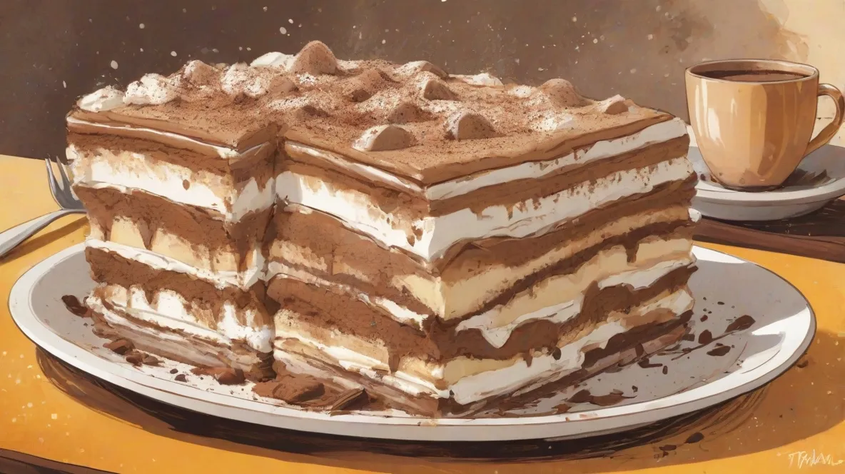 Ilustracja klasycznego włoskiego deseru tiramisu na talerzu, wyraźnie wyeksponowanego na pierwszym planie. Widoczne są warstwy biszkoptów nasączonych kawą i kremowego mascarpone, posypane kakao.