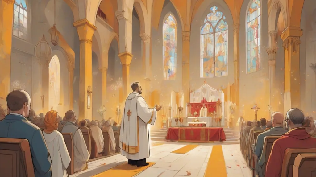 Ilustracja współczesnej ceremonii liturgicznej w europejskim kościele, przedstawiająca księdza w nowoczesnych szatach liturgicznych, z naciskiem na ołtarz i przedmioty sakralne, oddająca poczucie duchowej harmonii i wspólnoty.