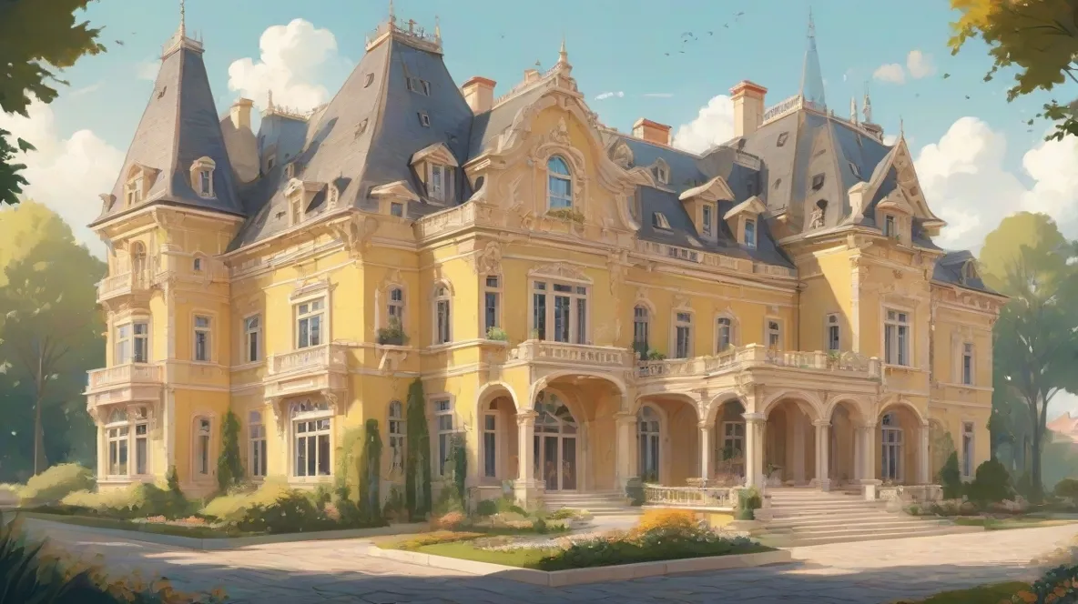 Ilustracja przedstawiająca okazały dwór we współczesnej Europie. Dwór jest duży i elegancki, z misternymi detalami architektonicznymi. Stoi wyraźnie na pierwszym planie, oddając istotę luksusu i władzy.