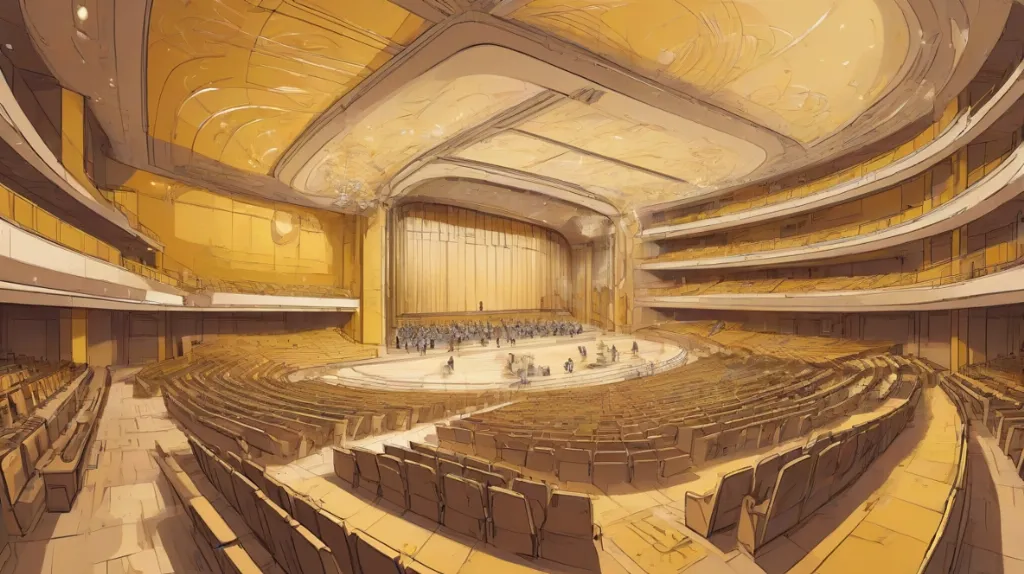 Ilustracja nowoczesnej Filharmonii z wielkim architektonicznym projektem, ukazująca jej elegancką strukturę i znaczenie kulturowe we współczesnej Europie.