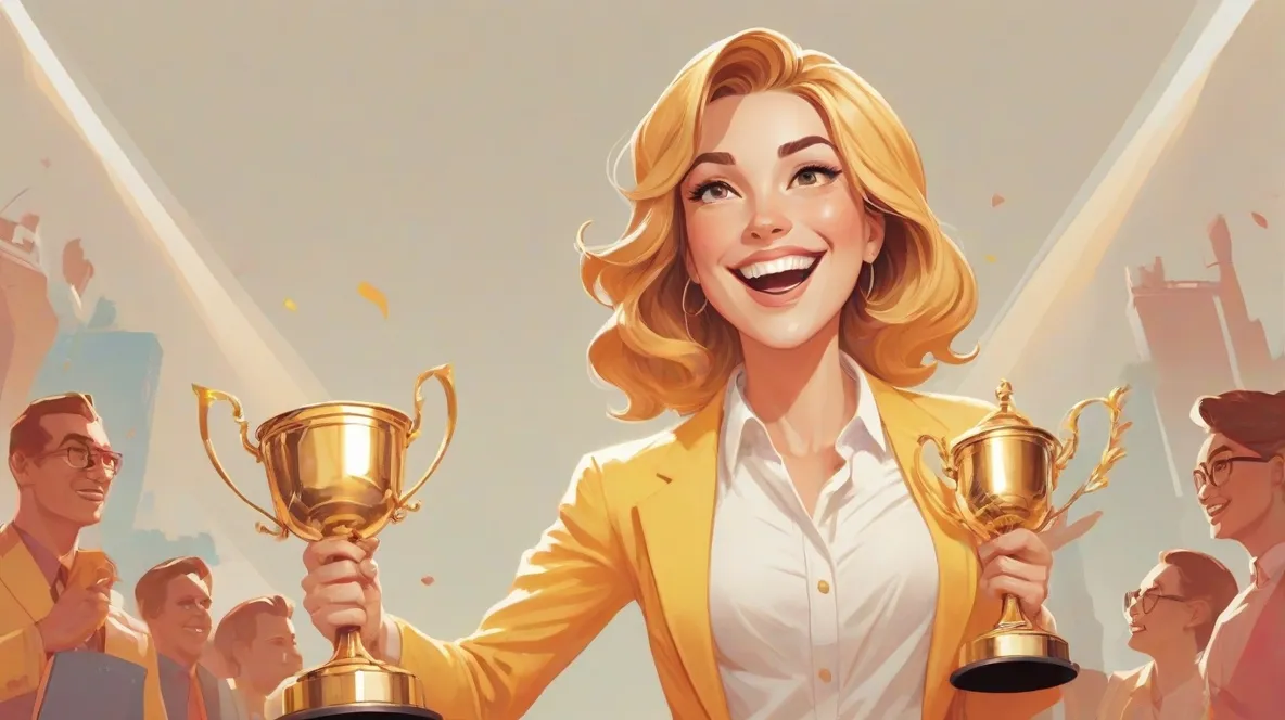 Ilustracja przedstawiająca nowoczesną bizneswoman stojącą pewnie na podium, trzymającą trofeum, symbolizującą jej zwycięstwo w biznesowej konkurencji. Tło jest minimalistyczne, by podkreślić jej osiągnięcie.