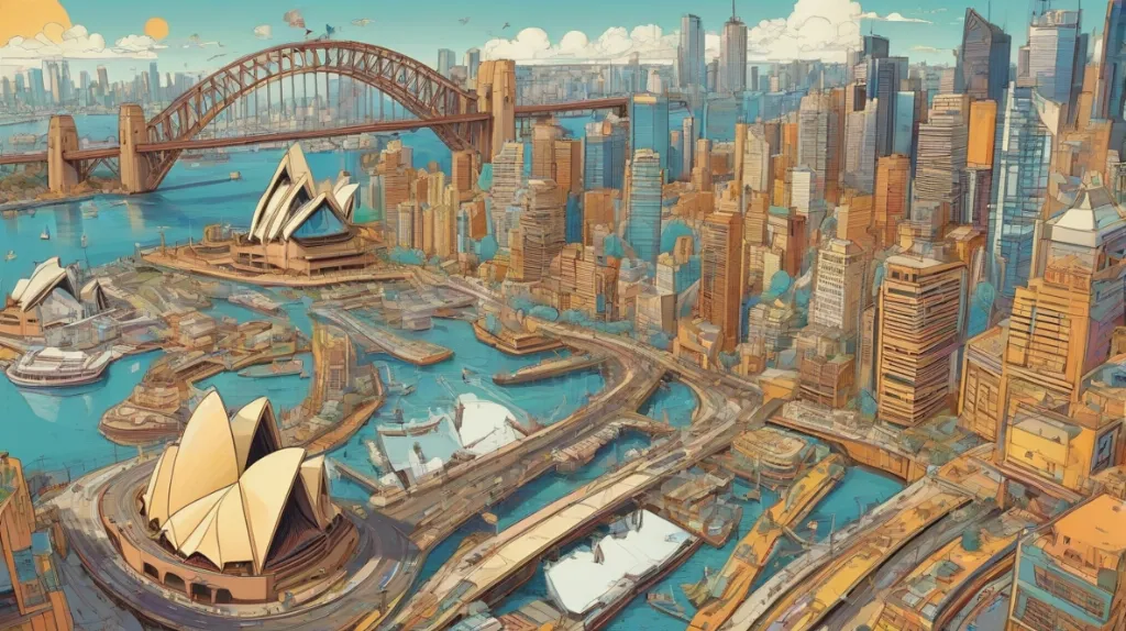 Ilustracja nowoczesnego pejzażu miejskiego w Australii, ukazująca ikoniczne zabytki takie jak Opera w Sydney i Most Portowy. Scena tętni życiem, oddając istotę współczesnego życia miejskiego w Australii.