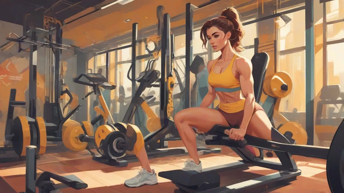 Ilustracja nowoczesnej sceny fitness, z młodą kobietą w Europie ćwiczącą na siłowni. Używa współczesnego sprzętu fitness, podkreślając swoją siłę i determinację. Skupienie jest na niej, pokazując jej zaangażowanie w kondycję fizyczną.