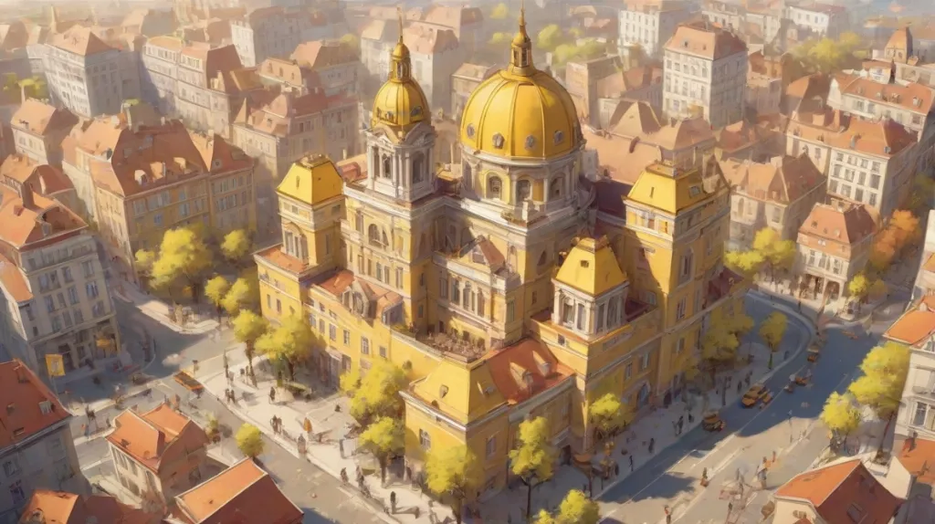 Ilustracja budynku gminy we współczesnym europejskim otoczeniu. Budynek jest wyeksponowany na pierwszym planie, ukazując szczegóły architektoniczne. Symbolizuje centrum życia społeczności i zarządzania.