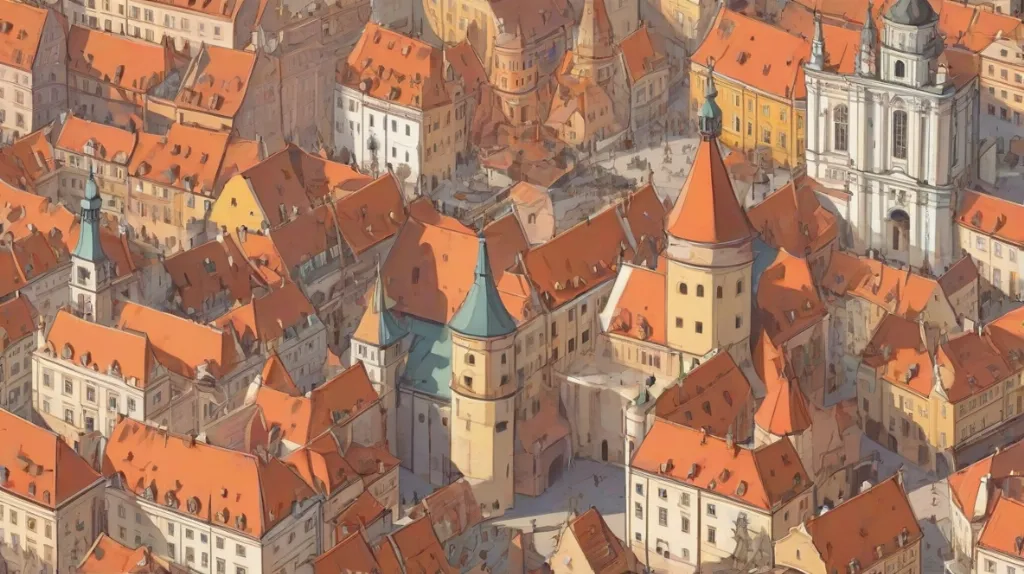 Ilustracja historycznego miasta Gniezno, z jego charakterystyczną katedrą na pierwszym planie. Scena oddaje istotę współczesnej Polski, łącząc historyczną architekturę z nowoczesnymi elementami.