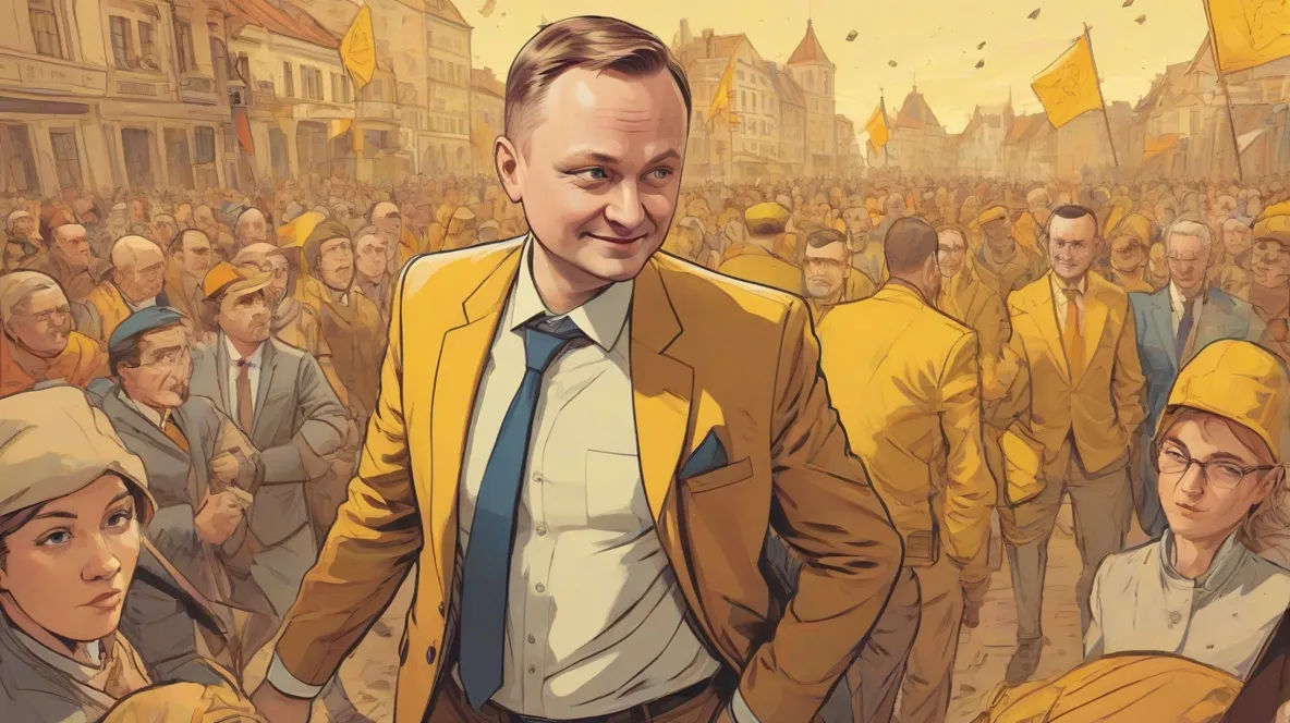 Ilustracja Andrzeja Dudy, współczesnej europejskiej postaci politycznej płci męskiej, wyraźnie na pierwszym planie.