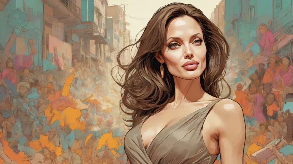 Ilustracja Angeliny Jolie, znanej aktorki i humanitarki. Stoi na pierwszym planie z pewnym siebie wyrazem twarzy, ucieleśniając siłę i elegancję. Obraz ten oddaje jej współczesną osobowość, odzwierciedlając jej wpływ zarówno w kinie, jak i globalnym aktywizmie.