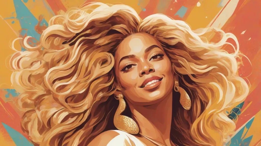 Ilustracja Beyonce, potężnej i niezależnej kobiety, jako centralnej postaci. Emanuje pewnością siebie i siłą, uosabiając współczesne wzmocnienie pozycji kobiet. Jej obecność jest odważna i inspirująca, oddając istotę współczesnego sukcesu i determinacji.