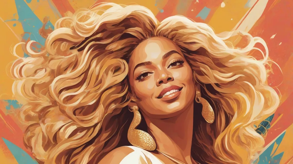 Ilustracja Beyonce, potężnej i niezależnej kobiety, jako centralnej postaci. Emanuje pewnością siebie i siłą, uosabiając współczesne wzmocnienie pozycji kobiet. Jej obecność jest odważna i inspirująca, oddając istotę współczesnego sukcesu i determinacji.