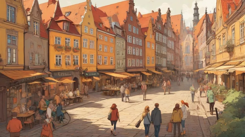 Ilustracja Gdańska, historycznego miasta w Polsce, ukazująca jego ikoniczną architekturę i żywą atmosferę. Skupienie na malowniczych ulicach i znanych zabytkach, odzwierciedlających bogate dziedzictwo kulturowe miasta.