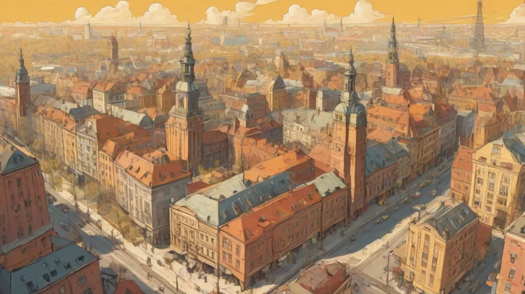 Ilustracja Katowic, nowoczesnego miasta na Górnym Śląsku, w Polsce, znanego z przemysłowej przeszłości i współczesnej architektury. Obraz powinien koncentrować się na panoramie miasta, ukazując mieszankę zabytkowych i nowoczesnych budynków, reprezentujących przemiany i rozwój tego obszaru.