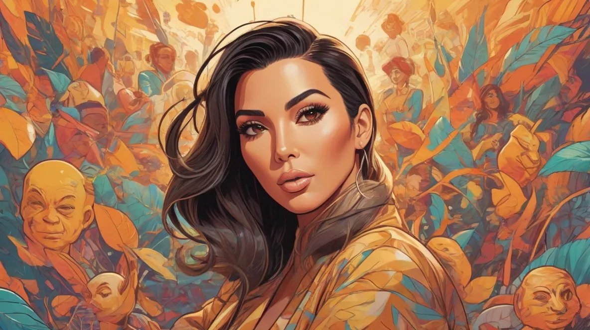 Ilustracja Kim Kardashian, współczesnej celebrytki znanej z wpływu w modzie i mediach. Powinna być wyraźnie widoczna na pierwszym planie, prezentując swój charakterystyczny styl i blask.