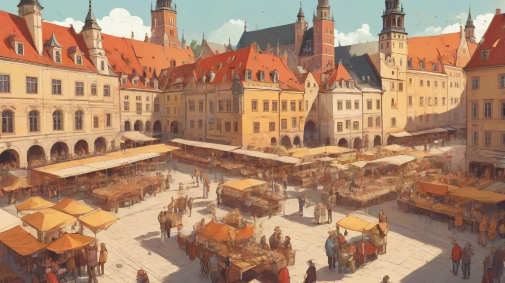 Ilustracja Krakowa, ukazująca jego średniowieczny rynek i majestatyczny Zamek Wawelski, oddająca niepowtarzalny urok i historyczne znaczenie miasta w czasach współczesnych.