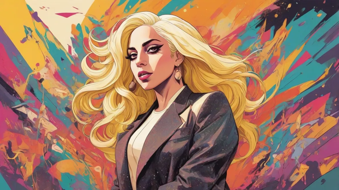 Ilustracja Lady Gagi, współczesnej ikony popu znanej z unikalnego stylu i talentu muzycznego, wyraźnie przedstawiona na pierwszym planie, uchwycająca jej esencję kreatywności i indywidualności.