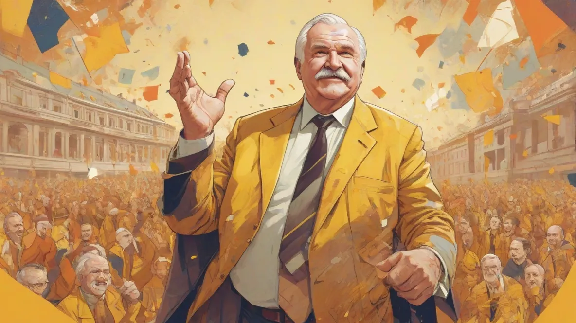 Ilustracja Lecha Wałęsy, znanej polskiej postaci politycznej, znanej z roli w ruchu Solidarność. Jest przedstawiony we współczesnych czasach, podkreślając jego historyczne znaczenie i cechy przywódcze.