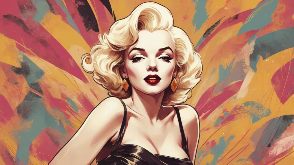 Ilustracja Marylin Monroe z nowoczesnym akcentem, osadzona we współczesnym europejskim kontekście. Stoi pewnie w centrum, emanując ponadczasowym urokiem i elegancją.