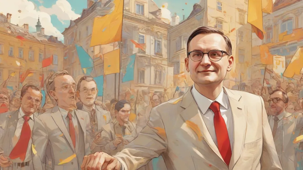 Ilustracja Mateusza Morawieckiego, obecnego premiera Polski, w współczesnym europejskim otoczeniu. Jest centralną postacią, wyraźnie widoczną, uosabiającą przywództwo i autorytet.