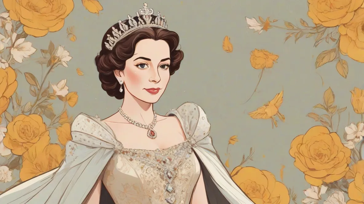 Ilustracja królowej Elżbiety II, najdłużej panującej brytyjskiej monarchini, znanej z elegancji i przywództwa. Przedstawiona w królewskiej pozie, nosząca koronę i królewską suknię, symbolizując jej autorytet i wdzięk. Tło jest minimalistyczne, aby podkreślić jej obecność.