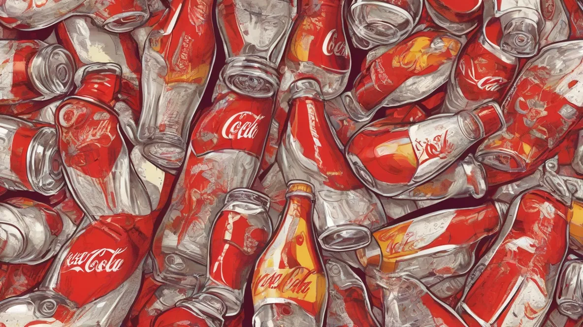 Ilustracja butelki Coca-Coli wyeksponowanej na środku. Ikoniczna czerwona i biała etykieta jest wyraźnie widoczna, reprezentując wpływ i popularność globalnej marki we współczesnych czasach.