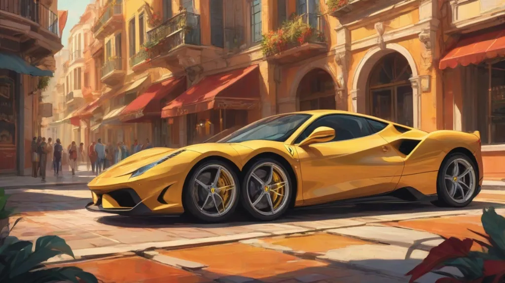 Ilustracja samochodu Ferrari, wyraźnie widocznego na pierwszym planie, ukazująca jego elegancki design i żywy kolor. Skupienie na samym samochodzie, podkreślając jego luksus i elegancję.