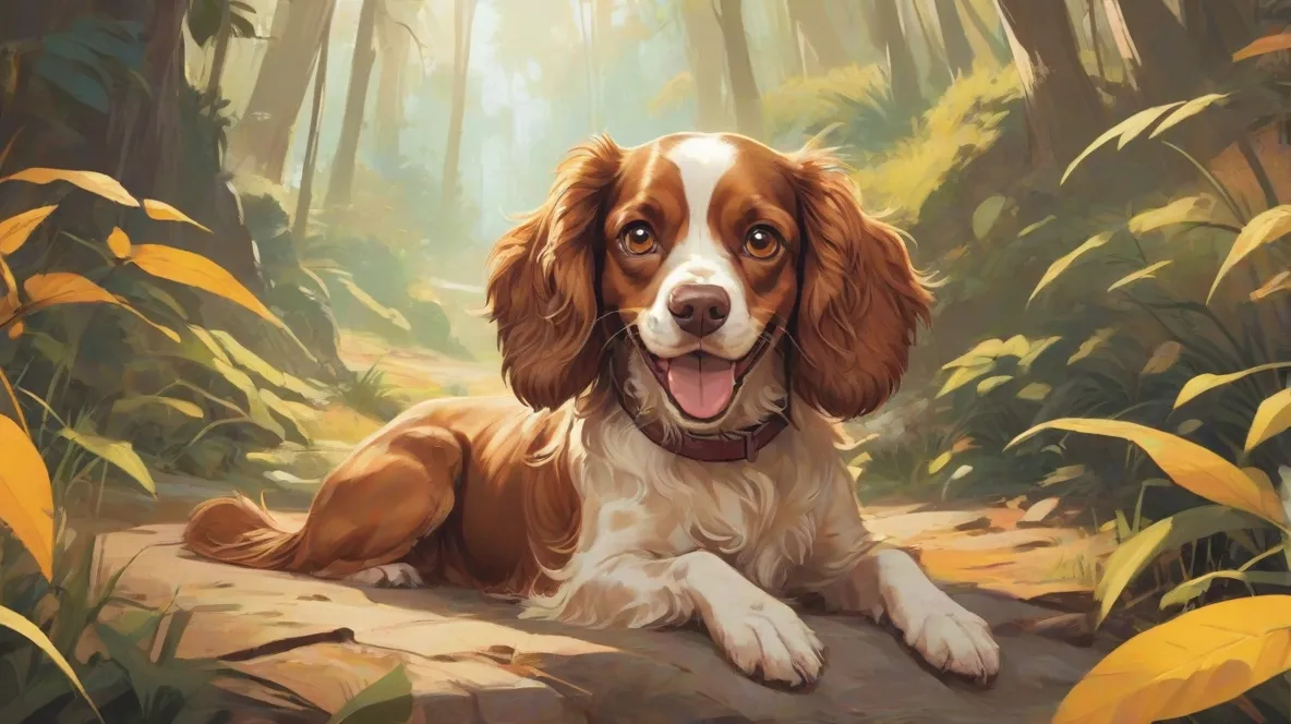 Ilustracja psa Spaniela na pierwszym planie, ukazująca jego charakterystyczne cechy. Spaniel jest wyraźnie widoczny, oddając jego zabawową i lojalną naturę.