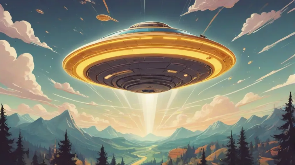 Ilustracja UFO unoszącego się na niebie, o nowoczesnym designie, na tle współczesnej europejskiej scenerii.