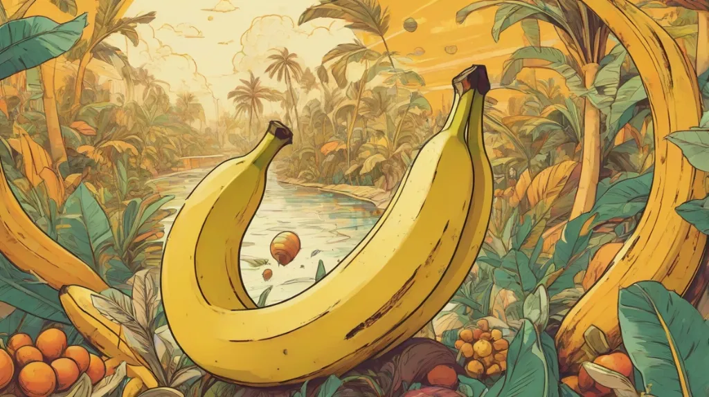 Ilustracja banana na pierwszym planie, wyraźnie widoczny, zajmujący większość przestrzeni.