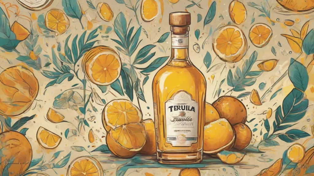 Ilustracja butelki tequili na pierwszym planie, oddająca istotę świętowania i radości. Butelka powinna być głównym punktem, z wyrazistą etykietą i eleganckim designem, przekazując nowoczesne poczucie przyjemności.