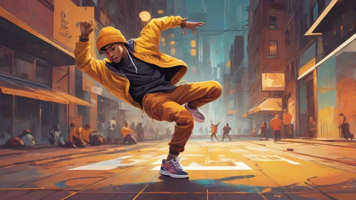 Ilustracja breakdancera wykonującego dynamiczny ruch, oddająca istotę kultury tańca ulicznego. Tancerz jest w centrum uwagi, prezentując imponującą zwinność i styl na tle minimalistycznego miejskiego krajobrazu.