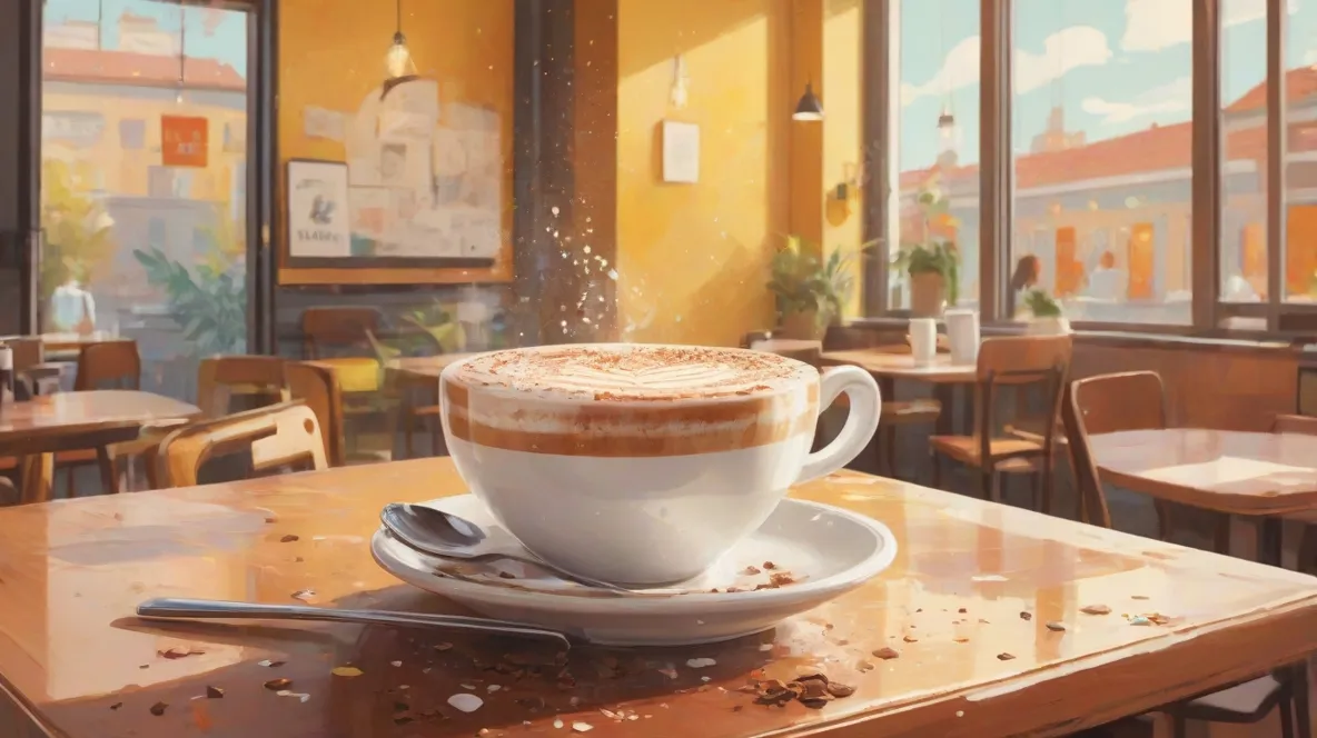 Ilustracja filiżanki cappuccino na stole, z pianką mleczną i posypką z kakao na wierzchu, w nowoczesnym europejskim otoczeniu kawiarnianym.