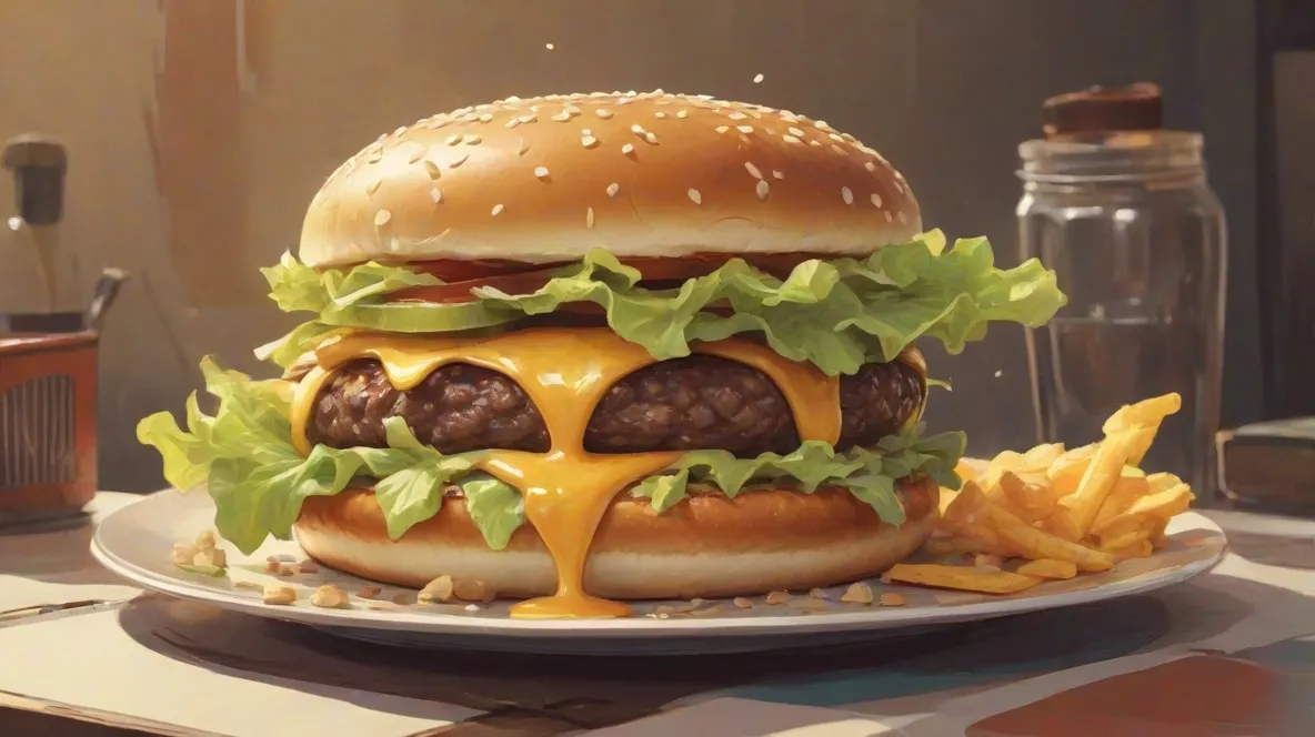 Ilustracja cheeseburgera na talerzu, z roztopionym serem, sałatą i bułką z sezamem. Cheeseburger jest na pierwszym planie, zajmując większość kadru.