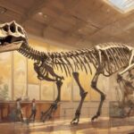 Ilustracja szkieletu dinozaura wyeksponowanego w muzeum, ukazująca jego majestat i historyczne znaczenie.