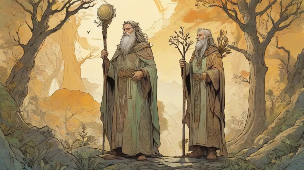 Ilustracja druida, mistycznej postaci z mitologii celtyckiej, stojącej wyraźnie na pierwszym planie. Druid jest przedstawiony w tradycyjnych szatach z laską, symbolizując mądrość i połączenie z naturą. Sceneria to współczesna Europa, łącząca elementy starożytne i współczesne.