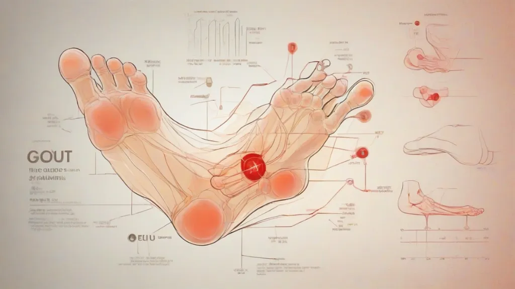 Ilustracja stopy z podagrą, wyraźnie widoczna na nowoczesnym wykresie medycznym. Stopa jest opuchnięta i czerwona, symbolizując ból i dyskomfort. Tło jest minimalistyczne, aby podkreślić stan, z delikatnie zintegrowanymi kilkoma ikonami medycznymi.