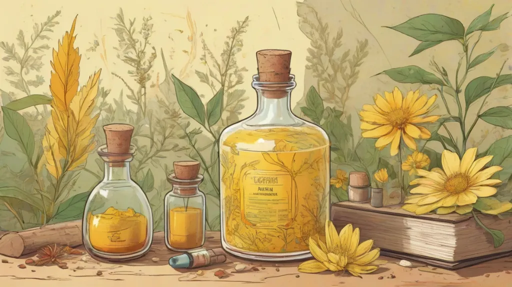 Ilustracja butelki z lekiem homeopatycznym, wyraźnie widoczna na pierwszym planie, ukazująca jej naturalną i alternatywną esencję leczniczą.