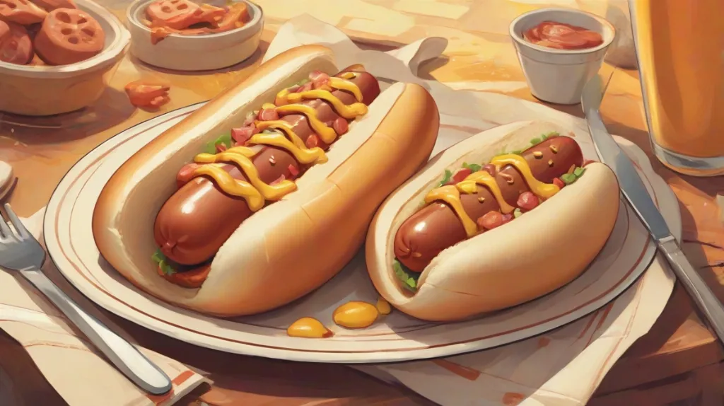 Ilustracja hot-doga na talerzu. Hot-dog jest głównym elementem, z wyraźnie widoczną bułką i kiełbasą. Obraz jest jasny i kolorowy, ukazując hot-doga w apetyczny i smakowity sposób.