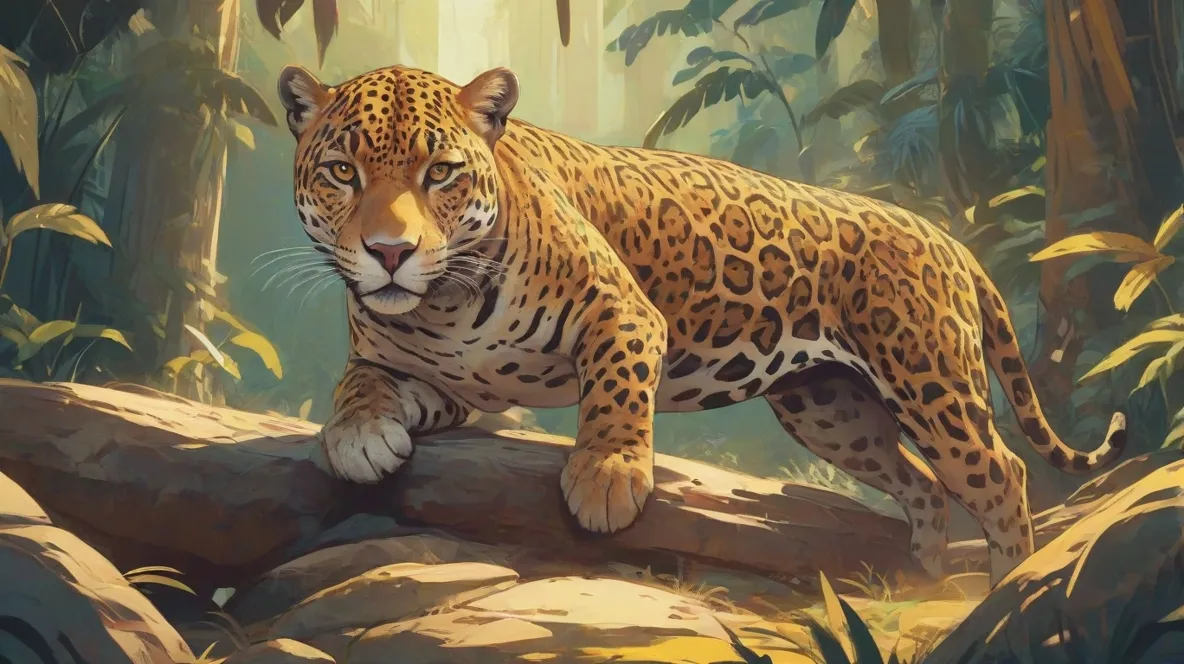 Ilustracja jaguara, wyraźnie przedstawionego na pierwszym planie. Jaguar powinien być ukazany w naturalnej i majestatycznej pozie, prezentując swoją potężną sylwetkę i charakterystyczne cętkowane futro.