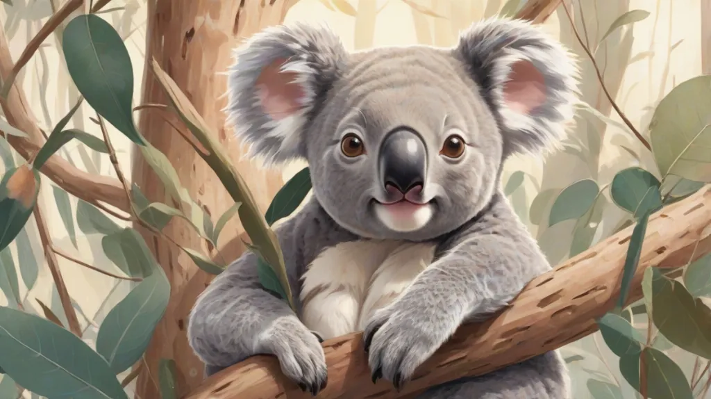 Ilustracja koali na drzewie eukaliptusowym, wyraźnie na pierwszym planie, ukazująca jego puszyste futro i duże, wyraziste oczy. Koala wygląda spokojnie i pogodnie, ucieleśniając spokój swojego naturalnego środowiska.