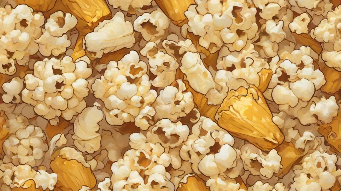 Ilustracja dużego, puszystego ziarna popcornu na jasnym tle. Popcorn jest głównym punktem, szczegółowo przedstawiony w złotym odcieniu i z lekko chrupiącą teksturą. Otoczony jest kilkoma rozsypanymi ziarnami, podkreślając jego znaczenie.