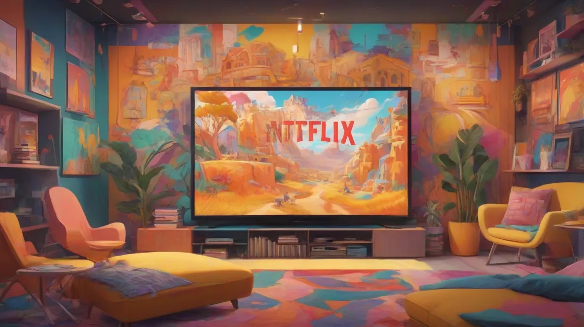 Ilustracja dużego, wyraźnego logo Netflix na nowoczesnym ekranie telewizora. Ekran jest głównym punktem obrazu, prezentującym żywe kolory interfejsu Netflix. Sceneria jest współczesna, odzwierciedlająca obecne czasy.