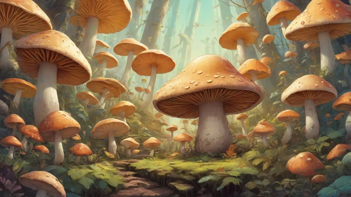 Ilustracja dużego, wyraźnego grzyba champignon na środku obrazu. Grzyb jest szczegółowy i zajmuje większość pierwszego planu, ukazując jego unikalną fakturę i kształt.