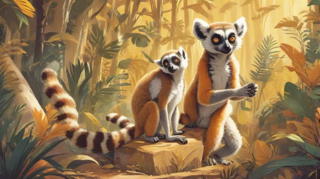 Ilustracja lemura wyraźnie widocznego na pierwszym planie, ukazująca jego unikalne cechy i zwinność.