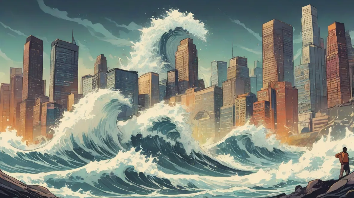 Ilustracja ogromnej fali tsunami uderzającej w nowoczesną panoramę miasta, z wieżowcami w tle. Fala jest głównym punktem, pokazując swoją ogromną moc i wysokość, uchwycając moment niepowstrzymanej siły natury.