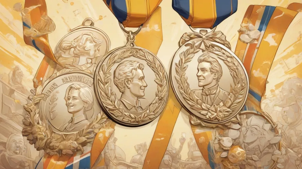 Ilustracja medalu wyraźnie widocznego na pierwszym planie, symbolizującego osiągnięcie i uznanie. Medal jest błyszczący i szczegółowy, oddając istotę sukcesu i honoru.