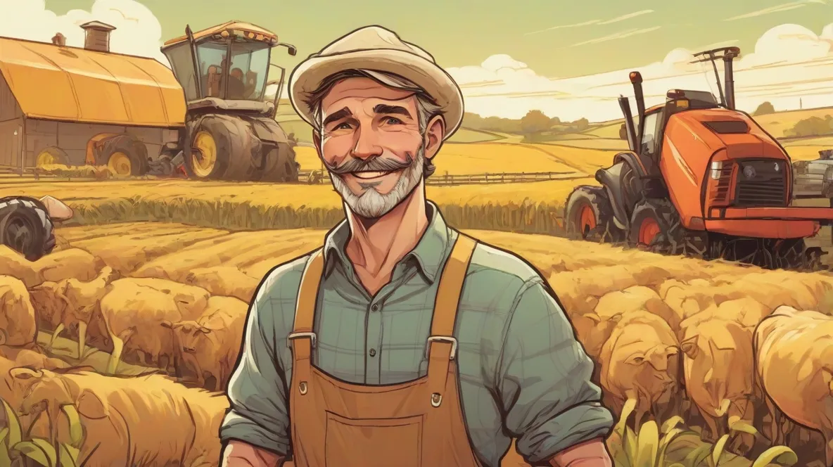 Ilustracja współczesnego europejskiego farmera, wyraźnie na pierwszym planie, prezentującego nowoczesny strój rolniczy i sprzęt.