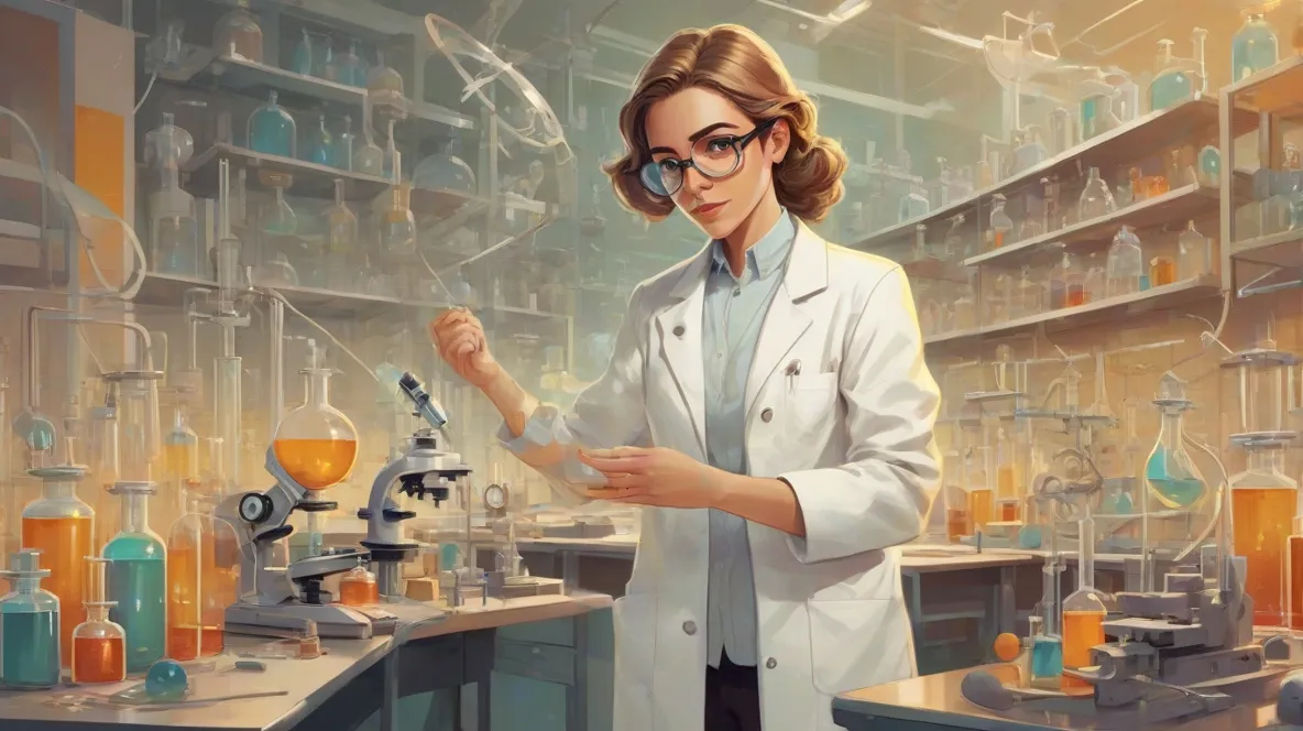 Ilustracja współczesnego chemika w laboratorium, skupionego na skomplikowanym eksperymencie. Chemik, być może europejska kobieta, ma na sobie biały fartuch laboratoryjny i okulary ochronne, a wokół niej znajduje się różnorodny sprzęt naukowy. Scena uchwyca istotę naukowego dociekania i odkrywania.